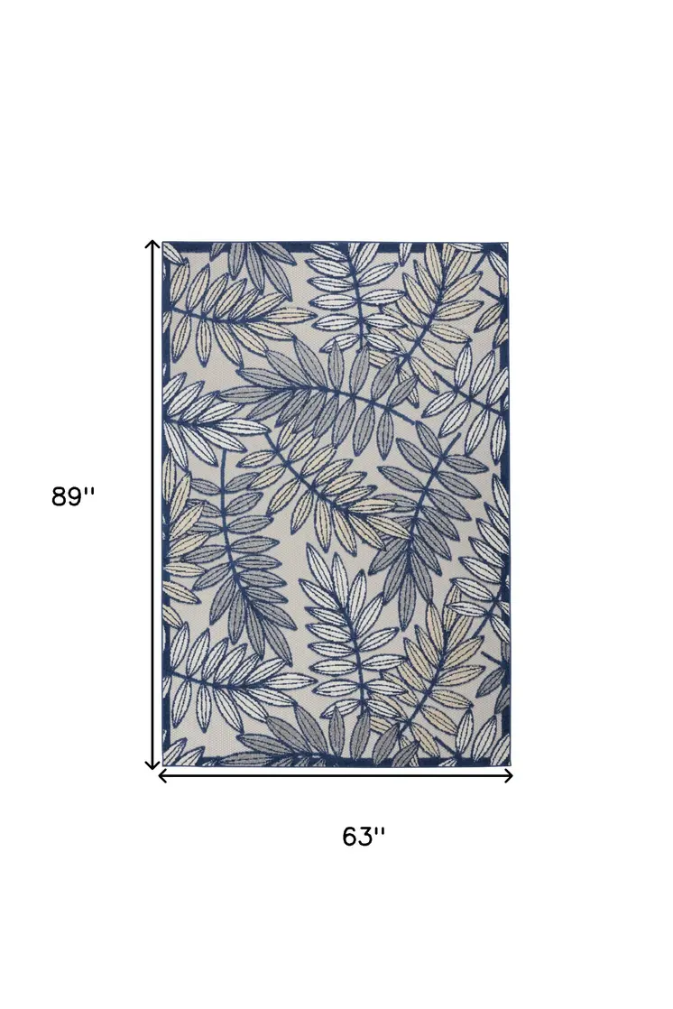 5' X 8' Navy Blue And Ivory Botanical Leaves Indoor Outdoor Area Rug