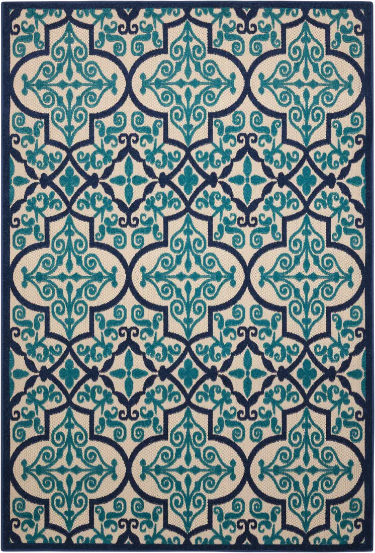 5' X 8' Navy Blue And Ivory Trellis Indoor Outdoor Area Rug