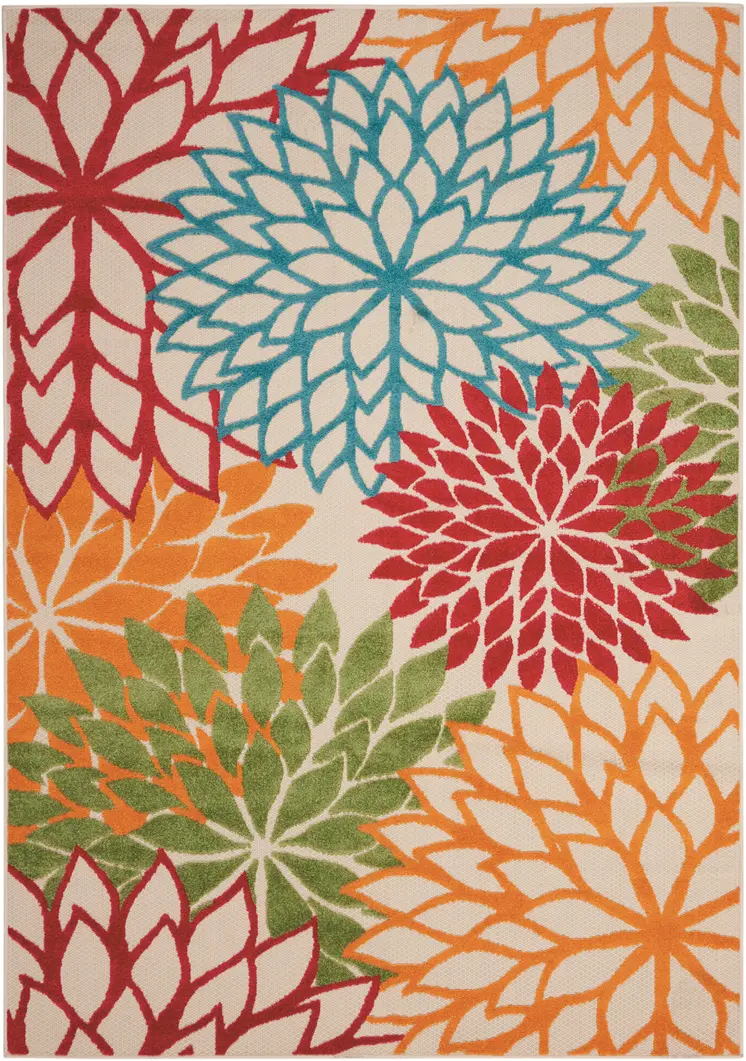 5' X 8' Ivory Green Blue Red And Orange Floral Indoor Outdoor Area Rug
