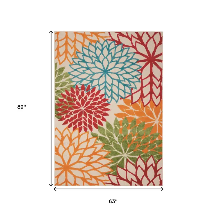 5' X 8' Ivory Green Blue Red And Orange Floral Indoor Outdoor Area Rug