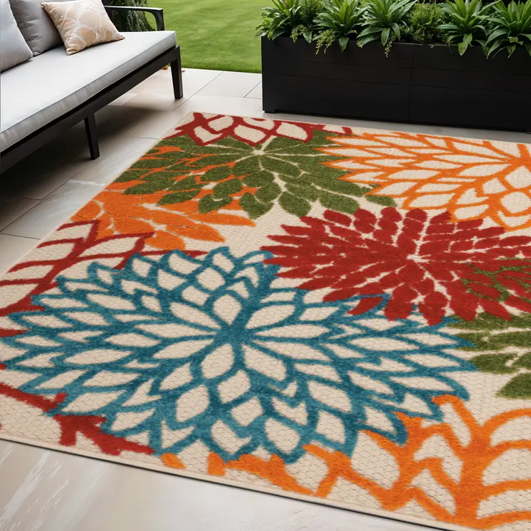 5' X 8' Ivory Green Blue Red And Orange Floral Indoor Outdoor Area Rug