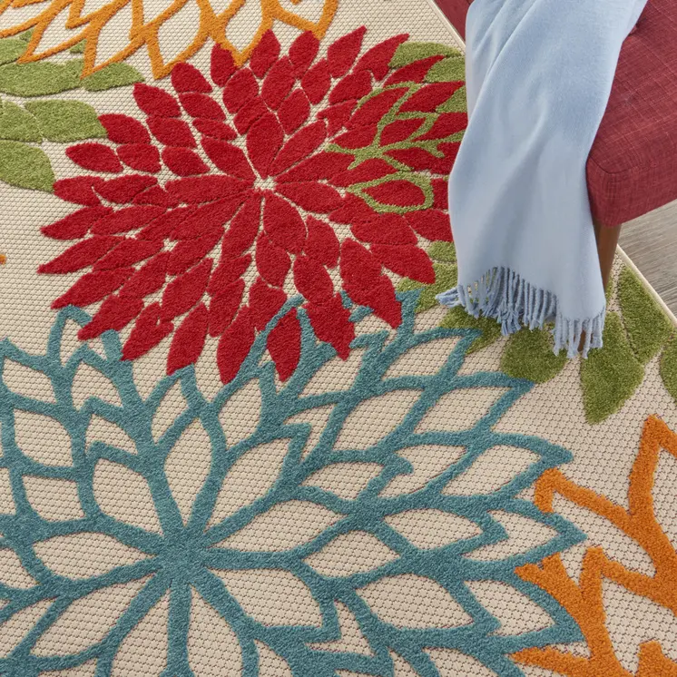 5' X 8' Ivory Green Blue Red And Orange Floral Indoor Outdoor Area Rug