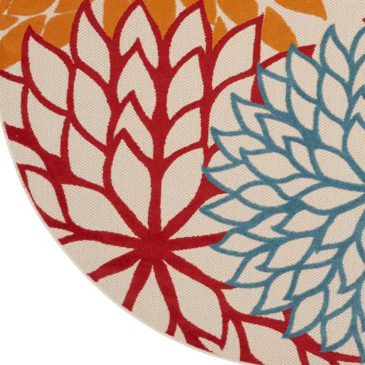 8' Ivory Green Blue Red And Orange Round Floral Indoor Outdoor Area Rug