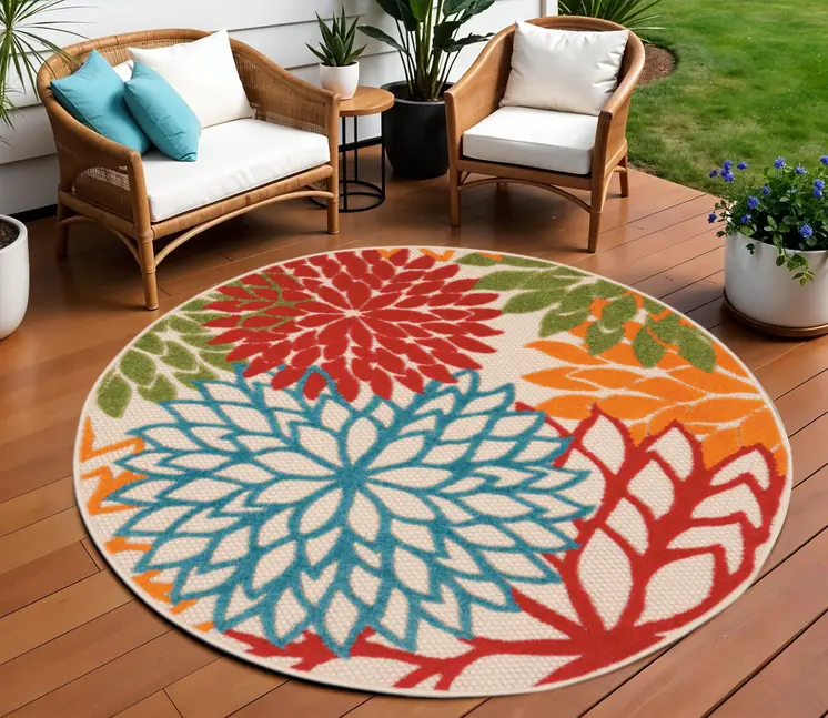 8' Ivory Green Blue Red And Orange Round Floral Indoor Outdoor Area Rug