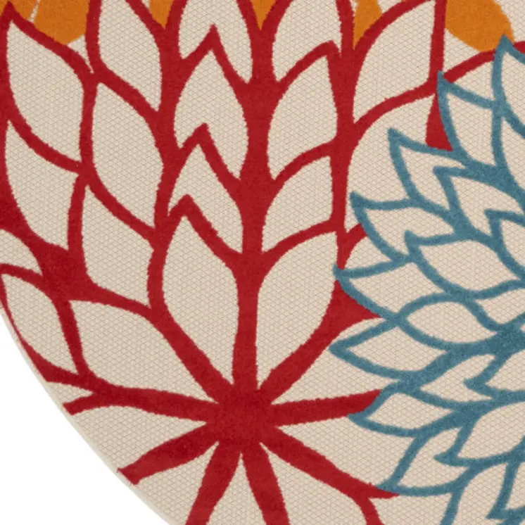 8' Ivory Green Blue Red And Orange Round Floral Indoor Outdoor Area Rug