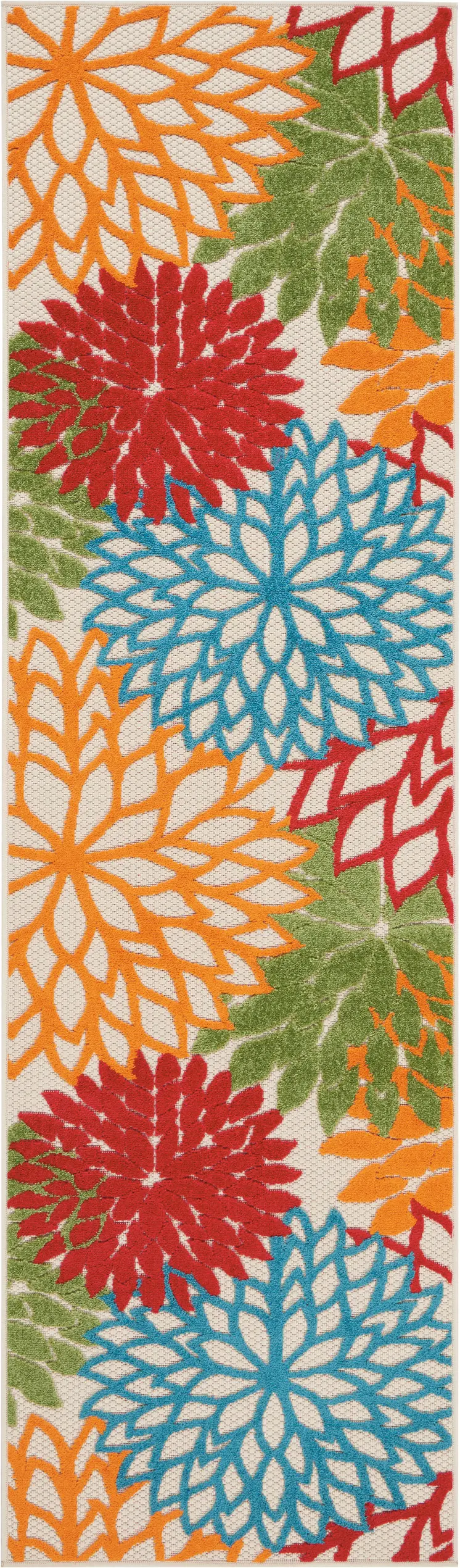 8' Ivory Green Blue Red And Orange Floral Indoor Outdoor Runner Rug