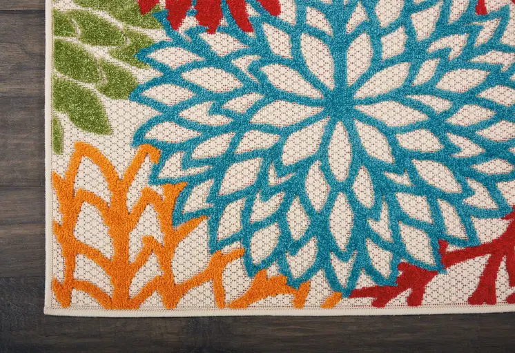 8' Ivory Green Blue Red And Orange Floral Indoor Outdoor Runner Rug