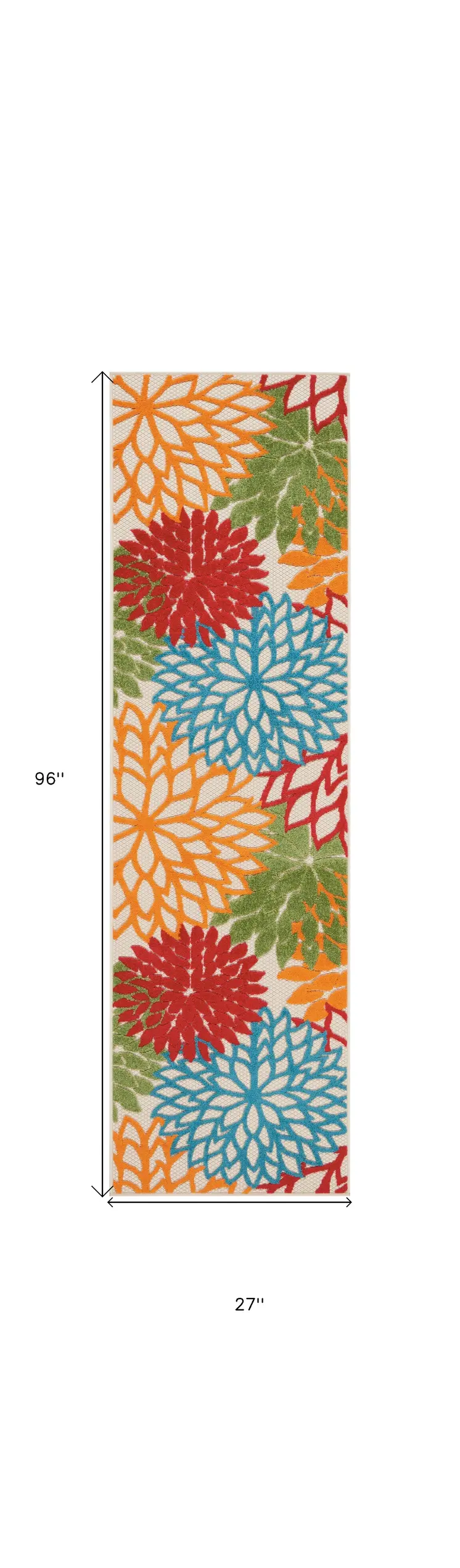 8' Ivory Green Blue Red And Orange Floral Indoor Outdoor Runner Rug