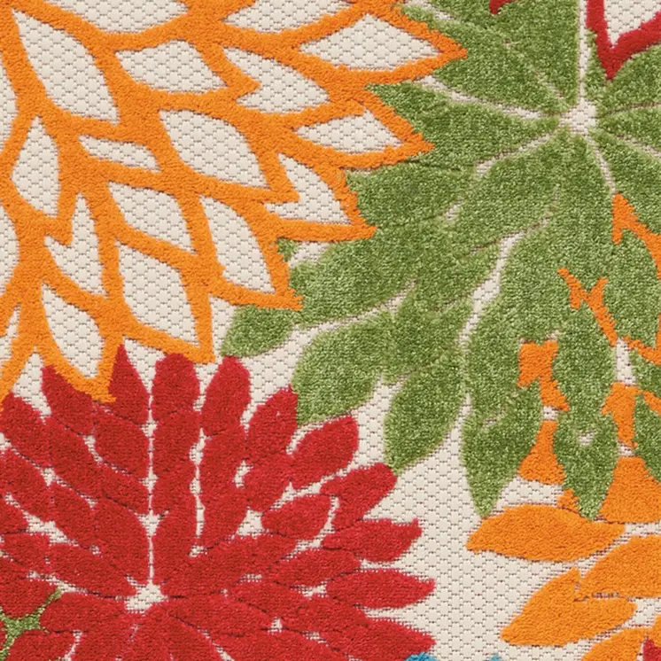 8' Ivory Green Blue Red And Orange Floral Indoor Outdoor Runner Rug