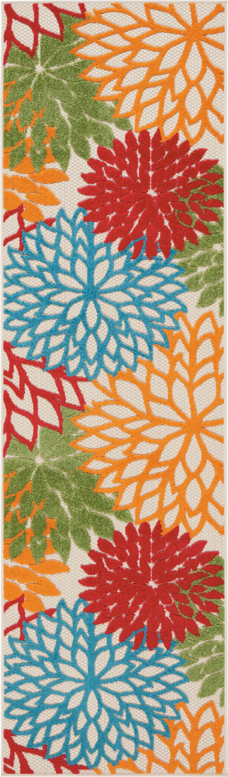 8' Ivory Green Blue Red And Orange Floral Indoor Outdoor Runner Rug