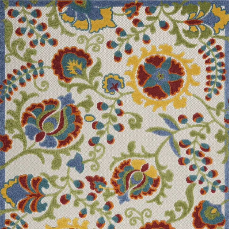 5' X 8' Ivory Green Red And Yellow Floral Indoor Outdoor Area Rug