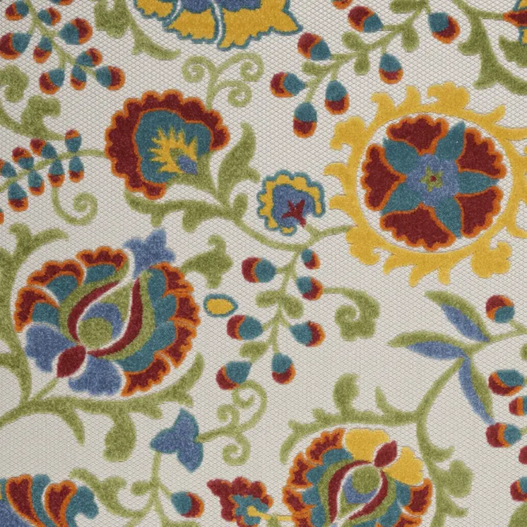 5' X 8' Ivory Green Red And Yellow Floral Indoor Outdoor Area Rug
