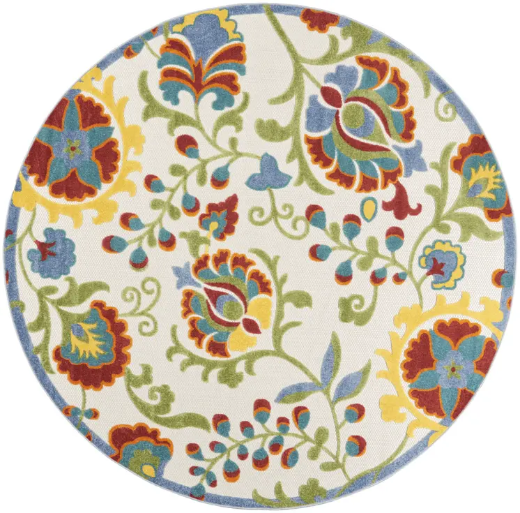 8' Ivory Green Red And Yellow Round Floral Indoor Outdoor Area Rug