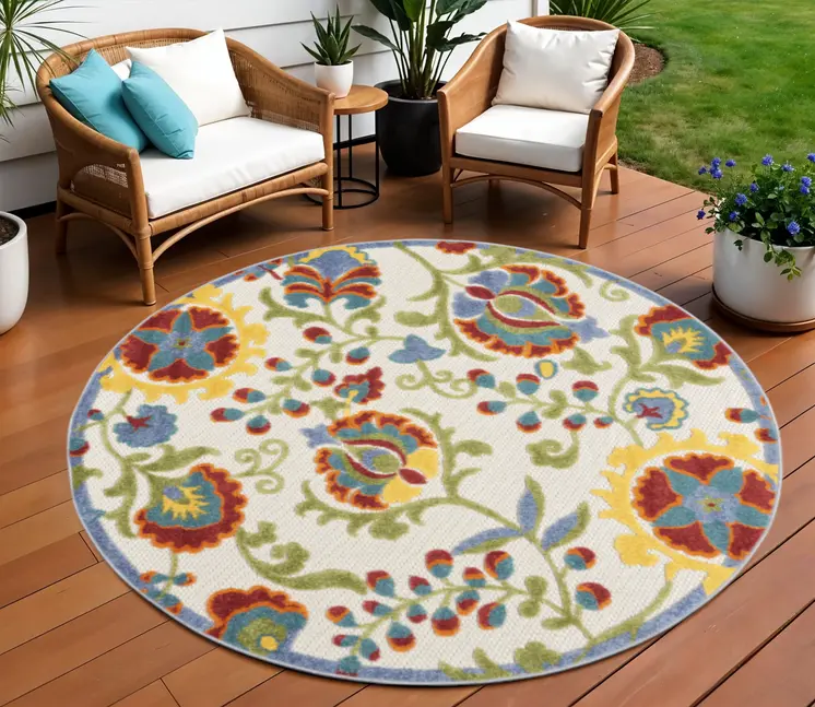 8' Ivory Green Red And Yellow Round Floral Indoor Outdoor Area Rug