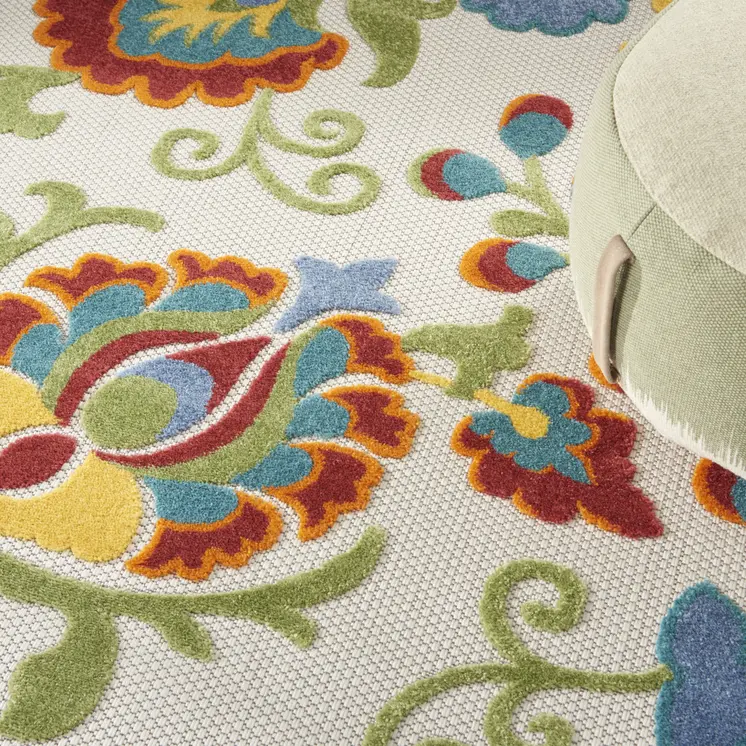 8' Ivory Green Red And Yellow Round Floral Indoor Outdoor Area Rug
