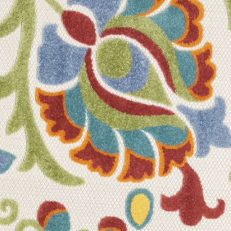 8' Ivory Green Red And Yellow Round Floral Indoor Outdoor Area Rug