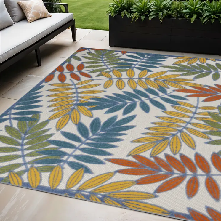 5' X 8' Ivory Yellow Orange Green And Blue Botanical Leaves Indoor Outdoor Area Rug