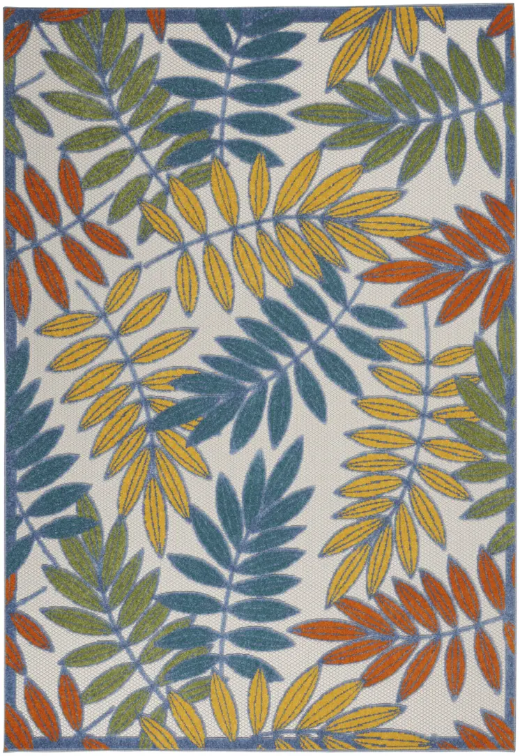 5' X 8' Ivory Yellow Orange Green And Blue Botanical Leaves Indoor Outdoor Area Rug