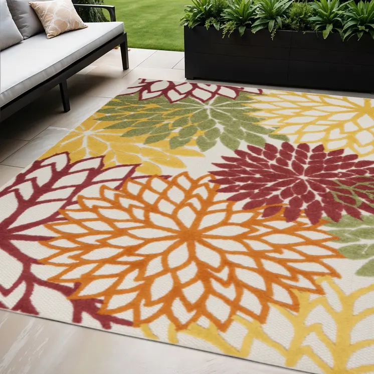 5' X 8' Ivory Yellow Orange And Green Floral Indoor Outdoor Area Rug