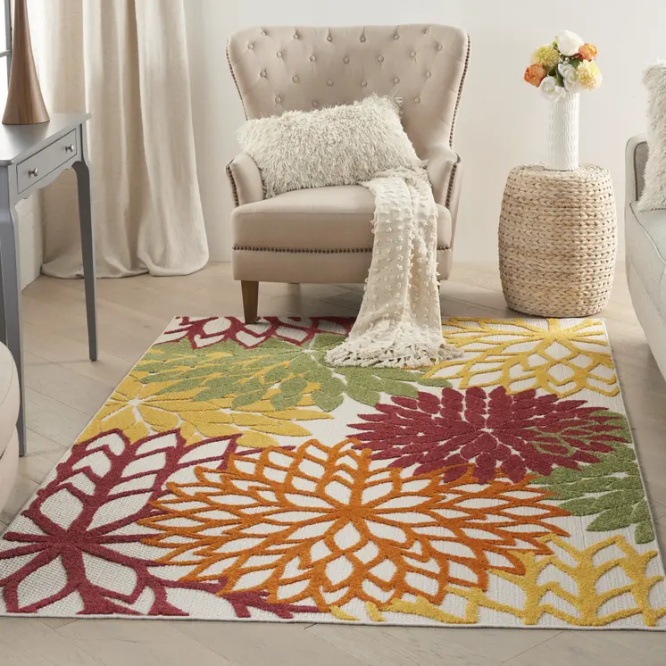 5' X 8' Ivory Yellow Orange And Green Floral Indoor Outdoor Area Rug