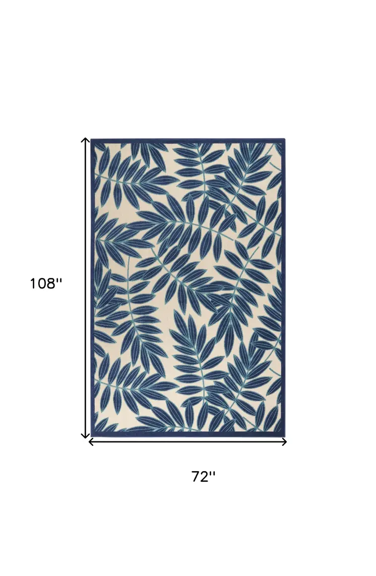 6' X 9' Navy Blue And Beige Botanical Leaves Indoor Outdoor Area Rug
