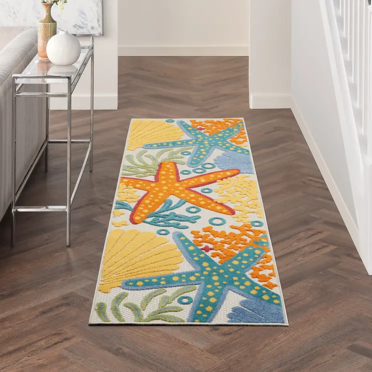 6' X 9' Navy Blue And Beige Botanical Leaves Indoor Outdoor Area Rug
