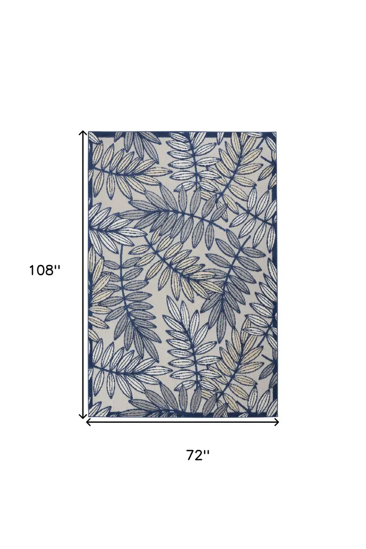 6' X 9' Navy Blue And Beige Botanical Leaves Indoor Outdoor Area Rug