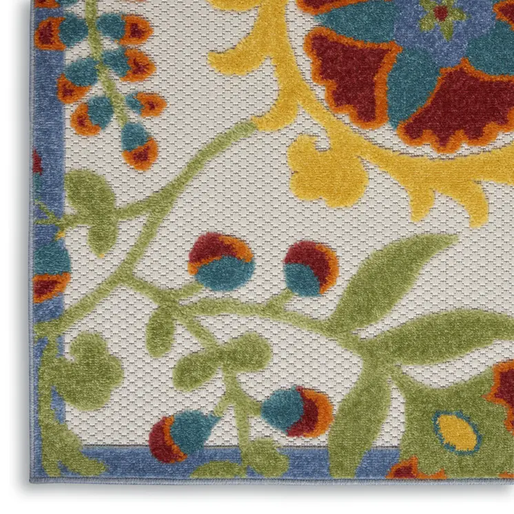 6' X 9' Ivory Green Red And Yellow Floral Indoor Outdoor Area Rug