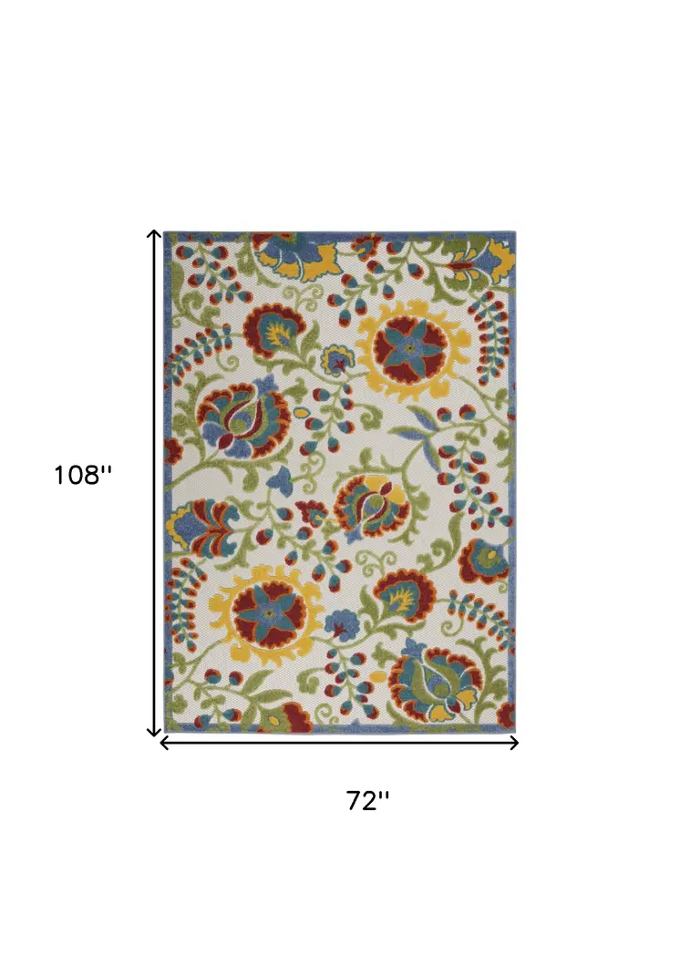 6' X 9' Ivory Green Red And Yellow Floral Indoor Outdoor Area Rug