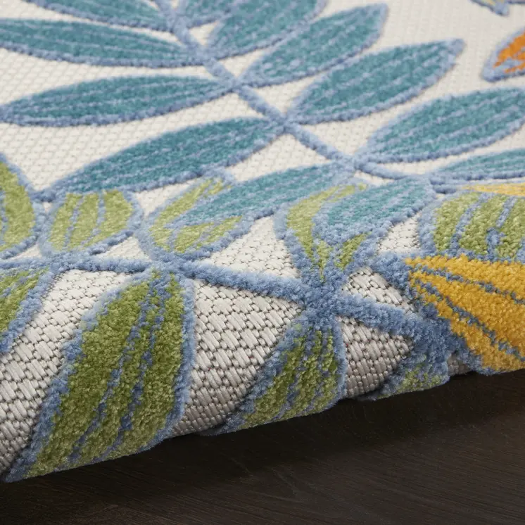6' X 9' Ivory Blue Orange And Green Botanical Leaves Indoor Outdoor Area Rug
