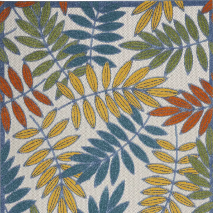 6' X 9' Ivory Blue Orange And Green Botanical Leaves Indoor Outdoor Area Rug