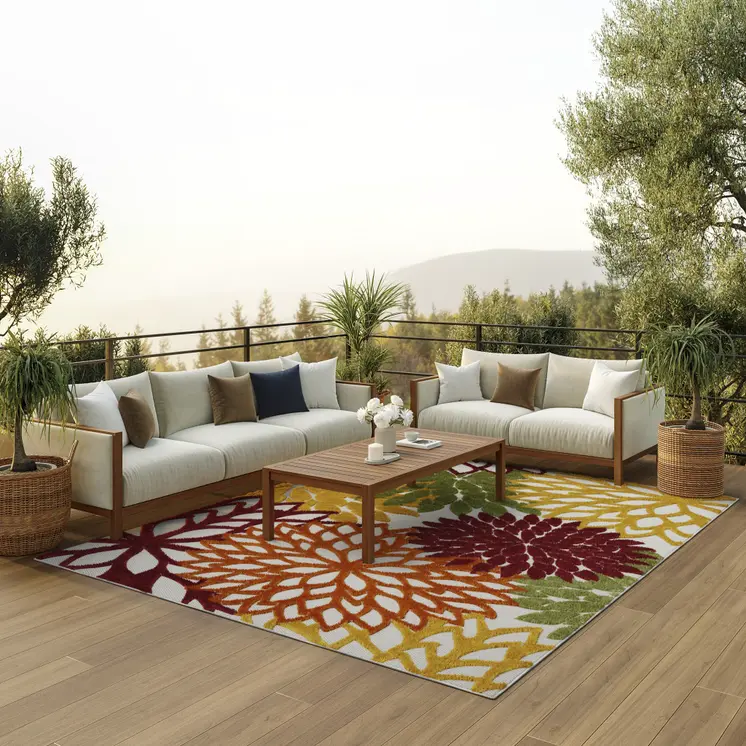 6' X 9' Red Yellow Green Orange And Ivory Floral Indoor Outdoor Area Rug