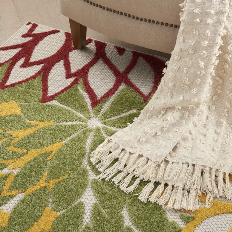 6' X 9' Red Yellow Green Orange And Ivory Floral Indoor Outdoor Area Rug