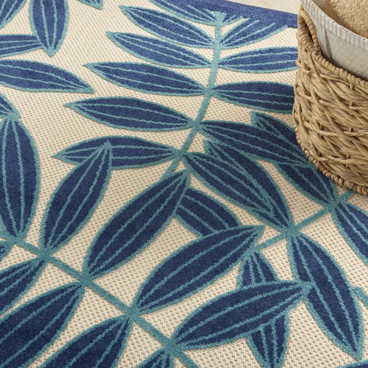 7' X 10' Navy Blue And Beige Botanical Leaves Indoor Outdoor Area Rug