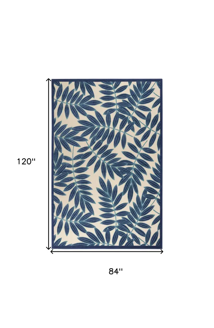 7' X 10' Navy Blue And Beige Botanical Leaves Indoor Outdoor Area Rug