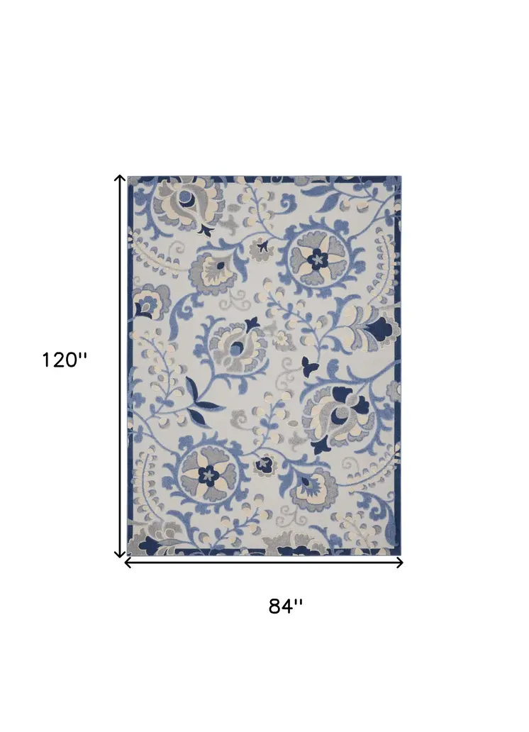 7' X 10' Blue Gray And Navy Blue Floral Indoor Outdoor Area Rug