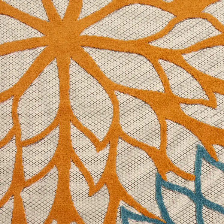 7' X 10' Ivory Green Blue Orange And Red Floral Indoor Outdoor Area Rug
