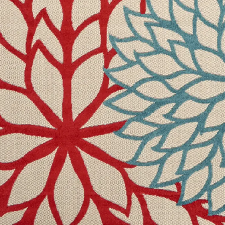 7' X 10' Ivory Green Blue Orange And Red Floral Indoor Outdoor Area Rug