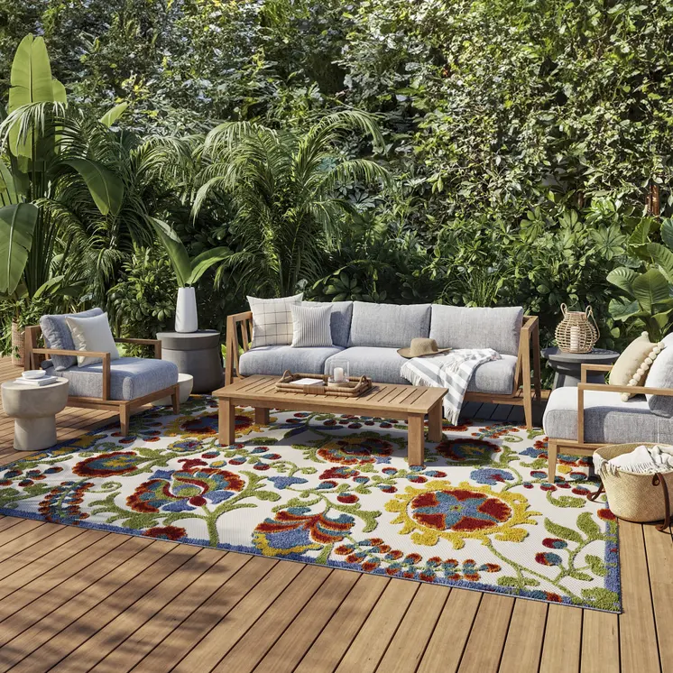 7' X 10' Ivory Green Red And Yellow Floral Indoor Outdoor Area Rug