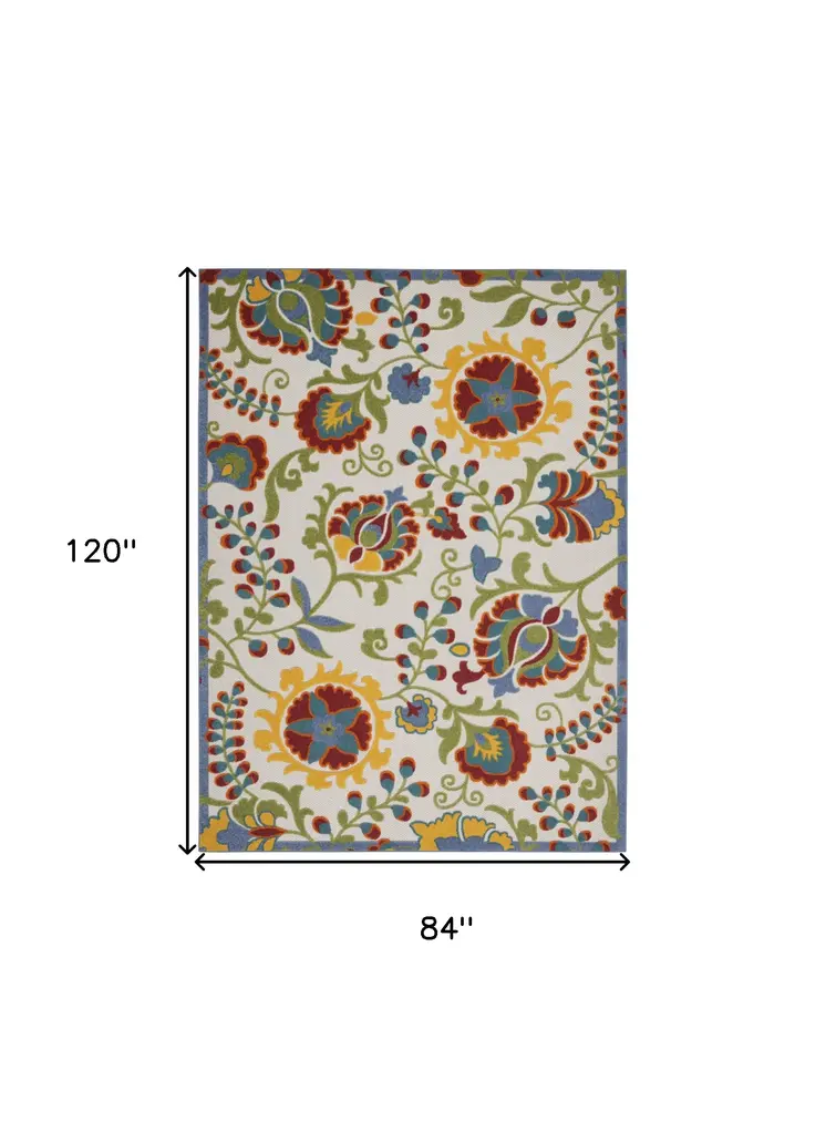7' X 10' Ivory Green Red And Yellow Floral Indoor Outdoor Area Rug