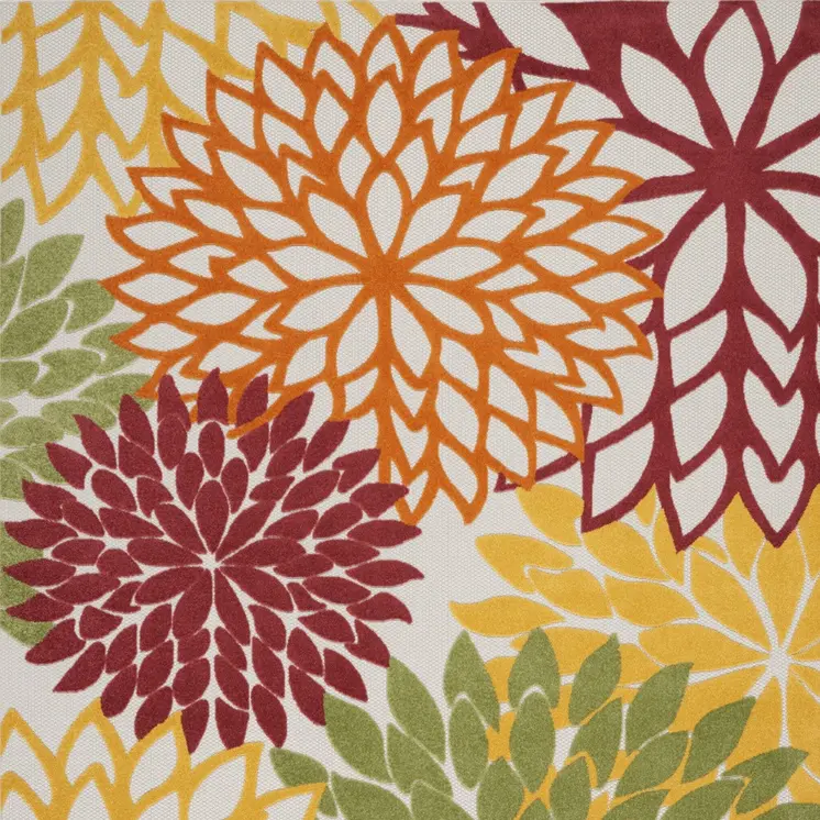 7' X 10' Red Ivory Yellow And Orange Floral Indoor Outdoor Area Rug