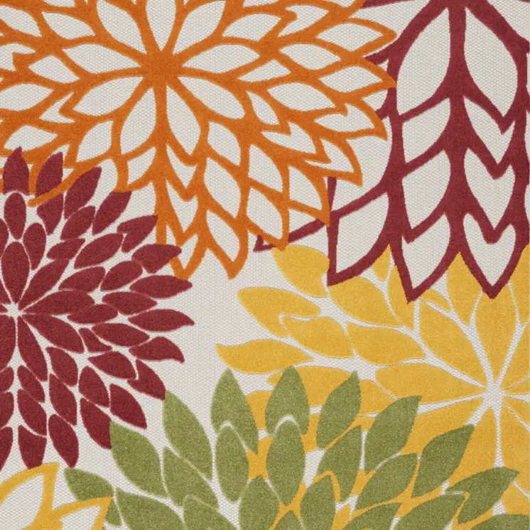 7' X 10' Red Ivory Yellow And Orange Floral Indoor Outdoor Area Rug