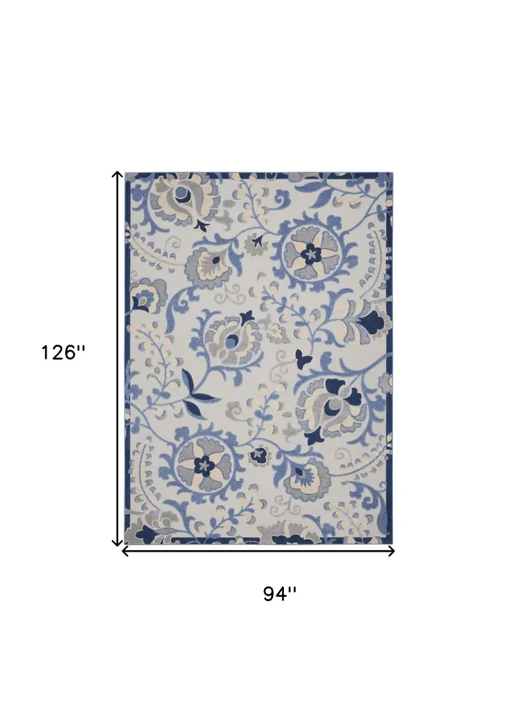 8' X 11' Blue And Gray Floral Indoor Outdoor Area Rug