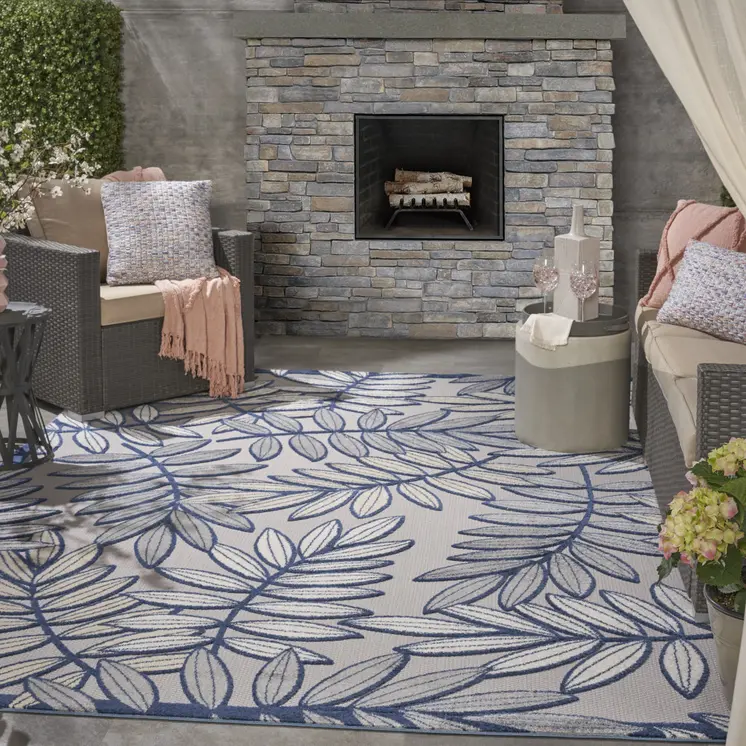 8' X 11' Navy Blue And Ivory Botanical Leaves Indoor Outdoor Area Rug
