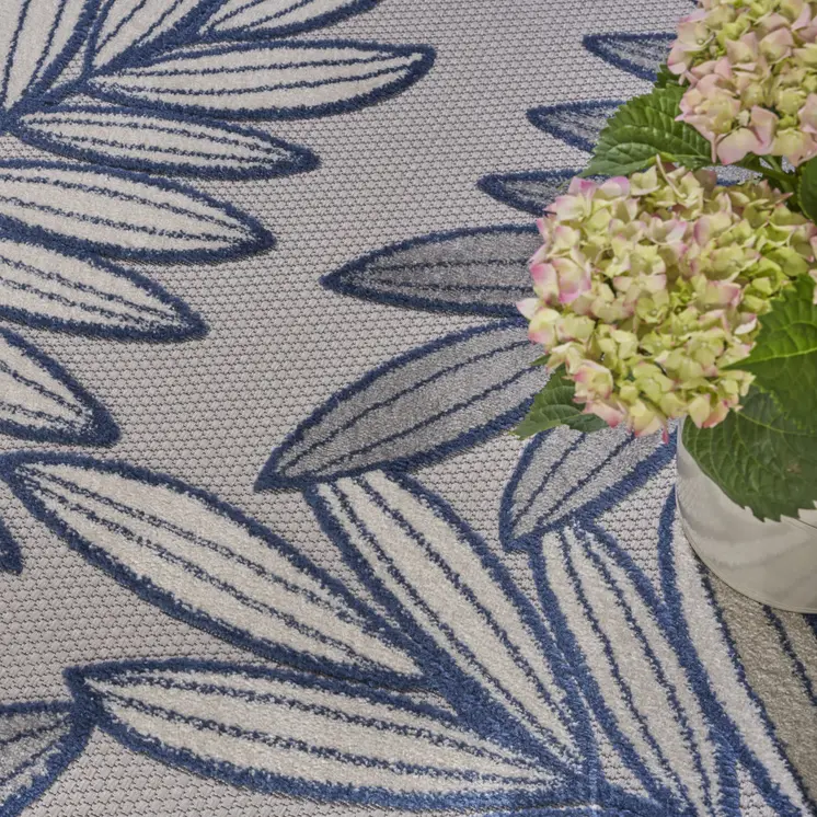 8' X 11' Navy Blue And Ivory Botanical Leaves Indoor Outdoor Area Rug