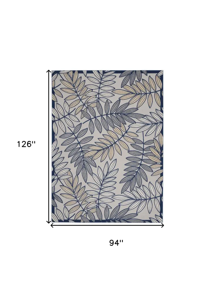 8' X 11' Navy Blue And Ivory Botanical Leaves Indoor Outdoor Area Rug