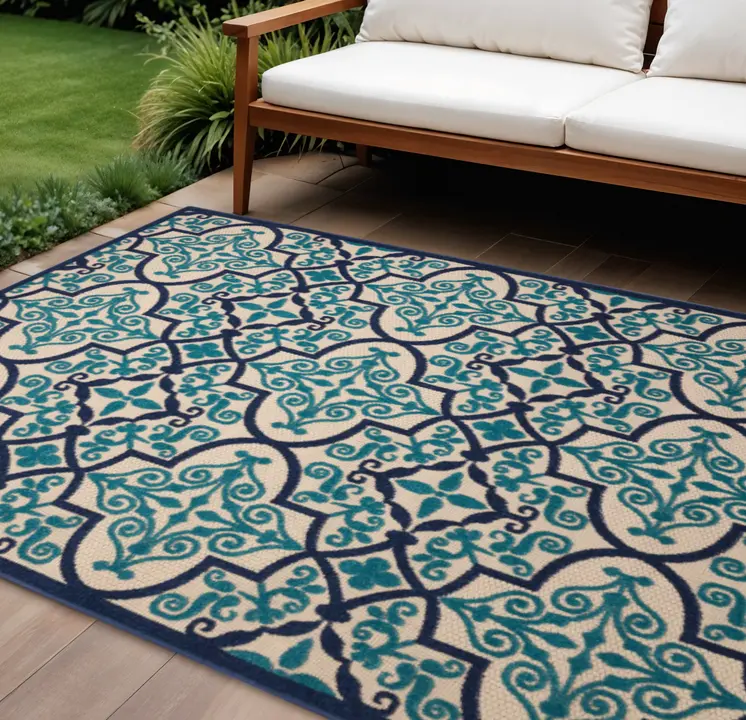 8' X 11' Navy Blue Ivory And Blue Trellis Indoor Outdoor Area Rug