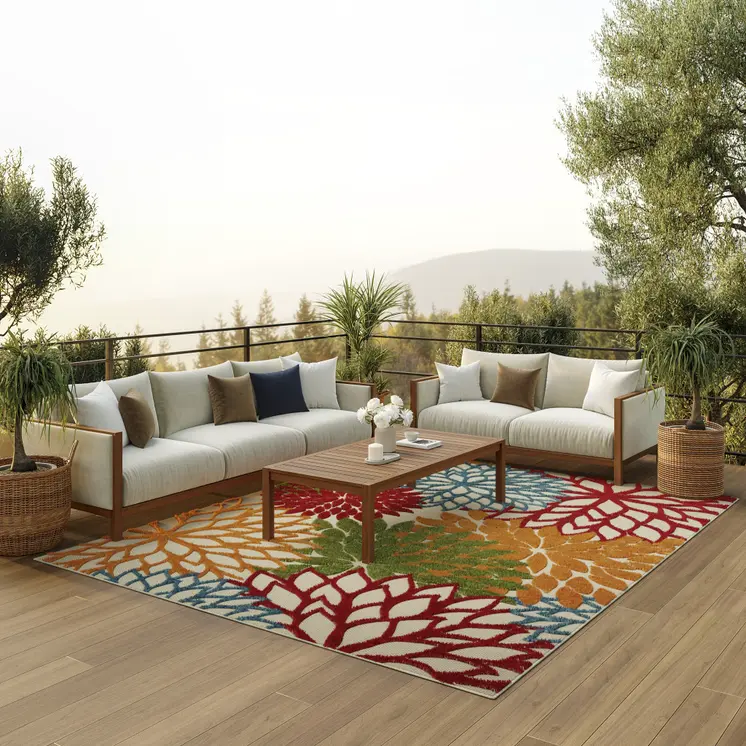 8' X 11' Green Orange Red And Blue Floral Indoor Outdoor Area Rug