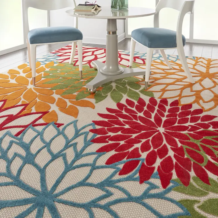 8' X 11' Green Orange Red And Blue Floral Indoor Outdoor Area Rug