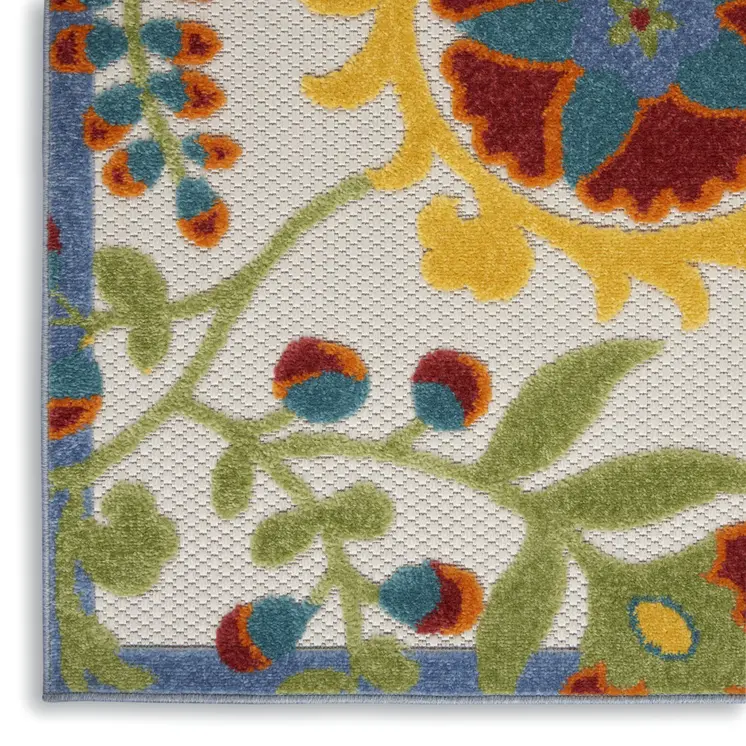 8' X 11' Green Red Ivory And Yellow Floral Indoor Outdoor Area Rug